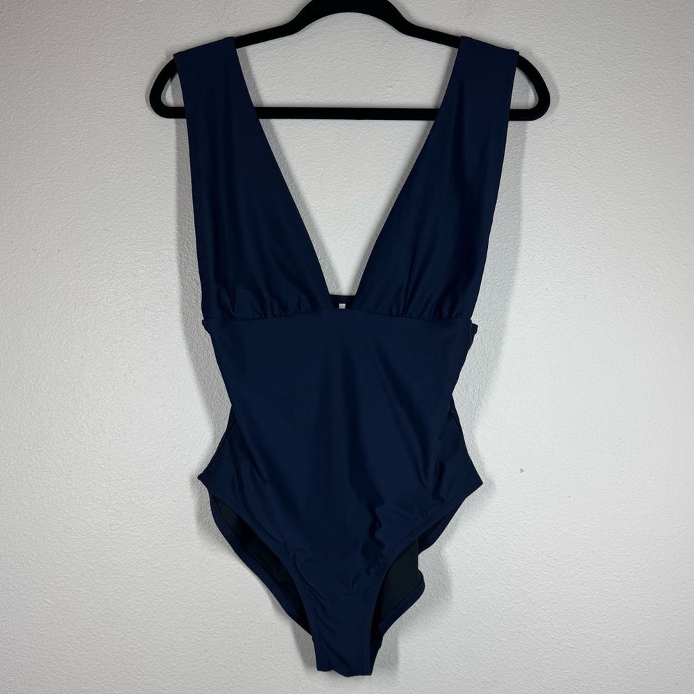 J Crew Tactel Deep V Tank Swimsuit Navy Blue One Piece Size 12 G9417